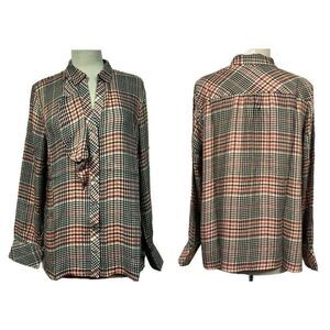 J.Jill Plaid Ruffle Front Blouse Sz L Tea Rose Long Sleeve NEW